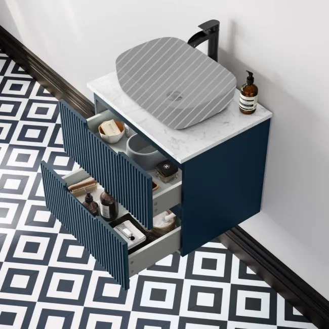 Crete Fluted Navy Blue Wall Hung Drawer Vanity with Marble Top 600mm - Excludes Counter Top Basin