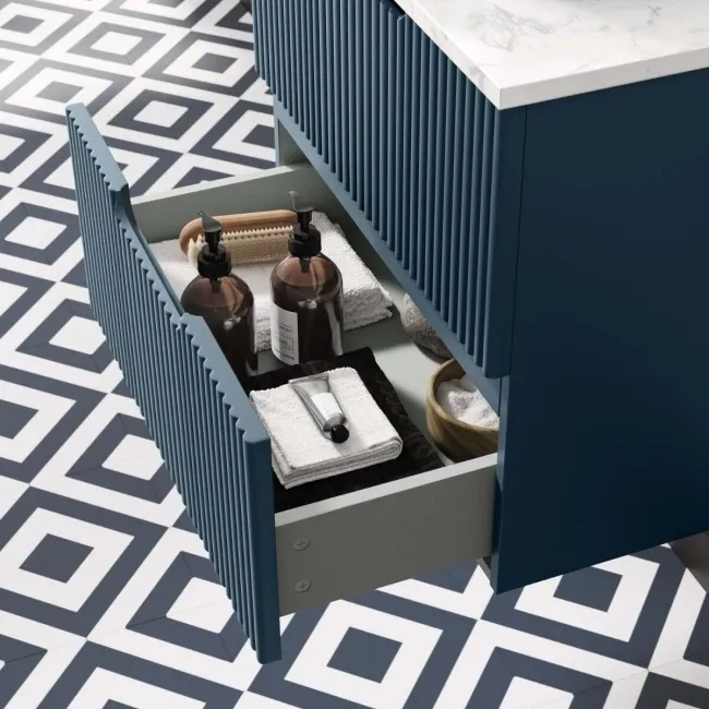 Crete Fluted Navy Blue Wall Hung Drawer Vanity with Marble Top & Marin Basin 600mm