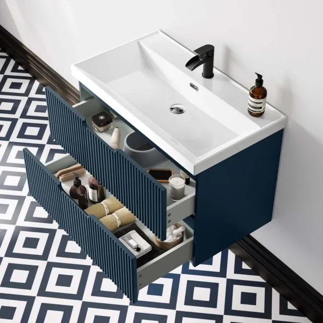 Crete Fluted Navy Blue Wall Hung Basin Drawer Vanity 800mm
