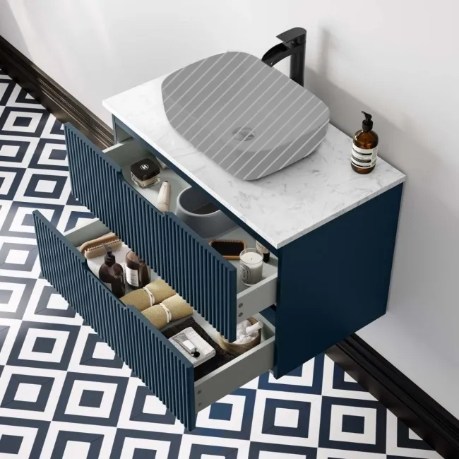 Crete Fluted Navy Blue Wall Hung Drawer Vanity with Marble Top 800mm - Excludes Counter Top Basin