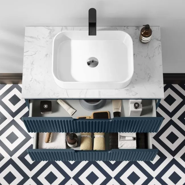 Crete Fluted Navy Blue Wall Hung Drawer Vanity with Marble Top & Marin Basin 800mm