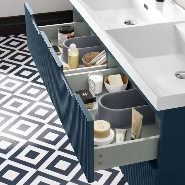 Crete Fluted Navy Blue Wall Hung Double Basin Drawer Vanity 1200mm