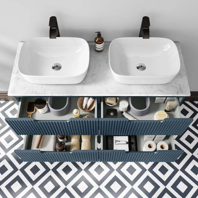 Crete Fluted Navy Blue Double Wall Hung Drawer Vanity with Marble Top & Curved Basin 1200mm