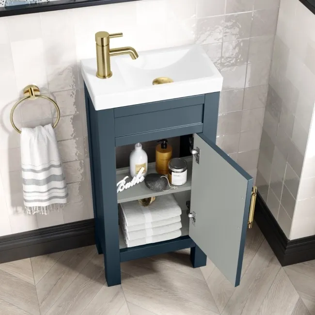 Bermuda Inky Blue Cloakroom Basin Vanity 400mm - Brass Knurled Handles