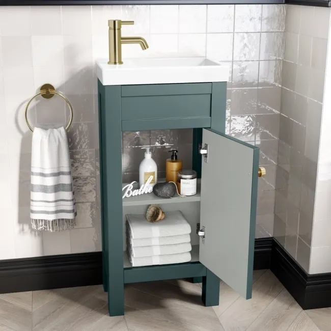 Bermuda Midnight Green Cloakroom Basin Vanity 400mm - Brushed Brass Accents