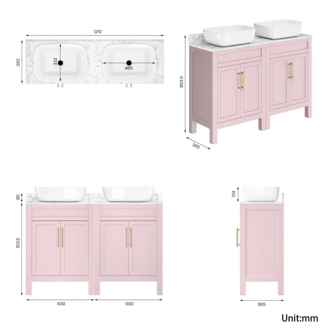 Bermuda Cashmere Pink Vanity with Marble Top & Curved Counter Top Basin 1200mm - Brass Knurled Handles