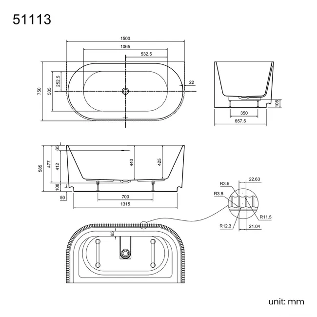 Barnet 1500mm Fluted Back To Wall Bath