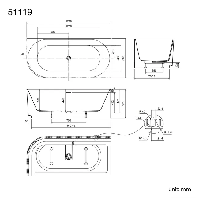 Barnet 1700mm Fluted Curved Corner Bath - Right Handed