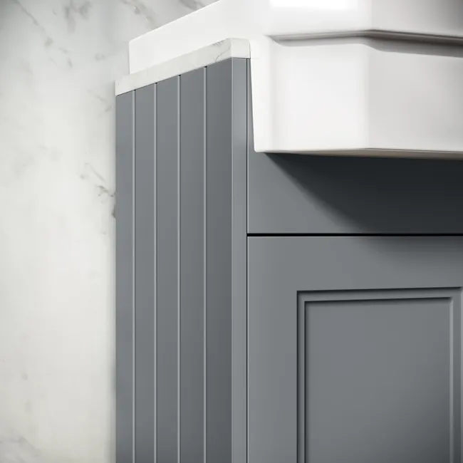 Monaco Dove Grey Combination Vanity Traditional Basin with Marble Top and Seattle Toilet 1500mm - Brushed Brass Accents