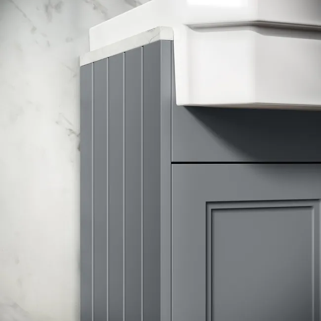 Monaco Dove Grey Combination Vanity Traditional Basin with Marble Top & Hudson Toilet with Wooden Seat 1500mm - Brushed Brass Accents