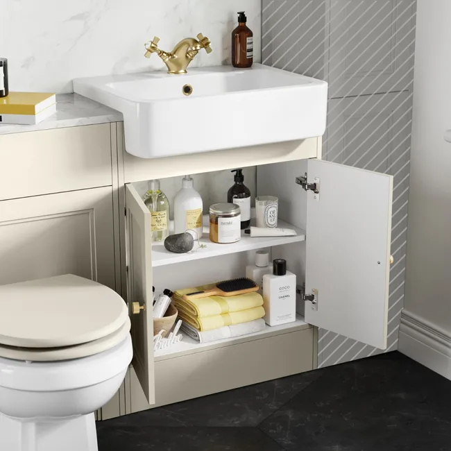 Monaco Chalk White Combination Vanity Basin with Marble Top & Hudson Toilet with Wooden Seat 1200mm - Brushed Brass Accents