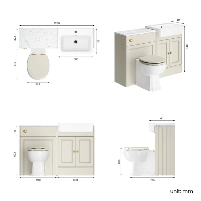 Monaco Chalk White Combination Vanity Basin with Marble Top & Hudson Toilet with Wooden Seat 1200mm - Brushed Brass Accents