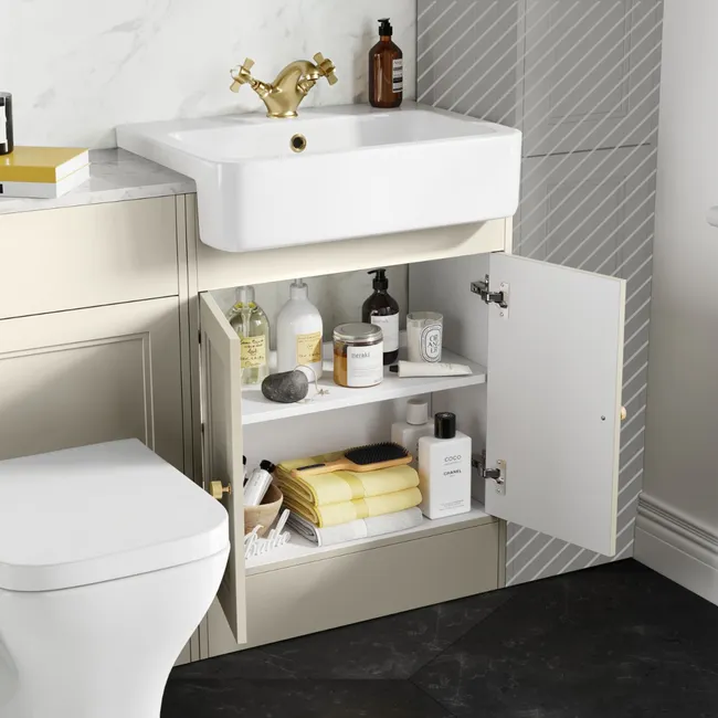Monaco Chalk White Combination Vanity Basin with Marble Top & Atlanta Toilet 1200mm - Brushed Brass Accents