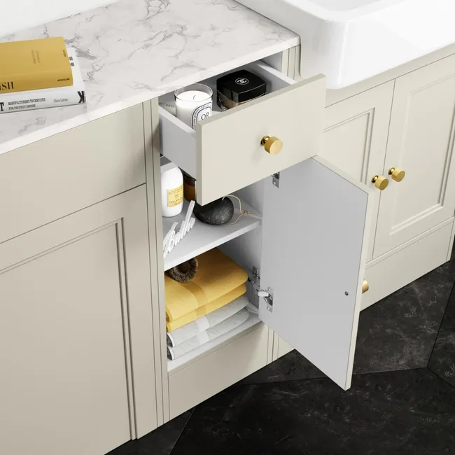 Monaco Chalk White Combination Vanity Basin with Marble Top and Boston Toilet 1500mm - Brushed Brass Accents