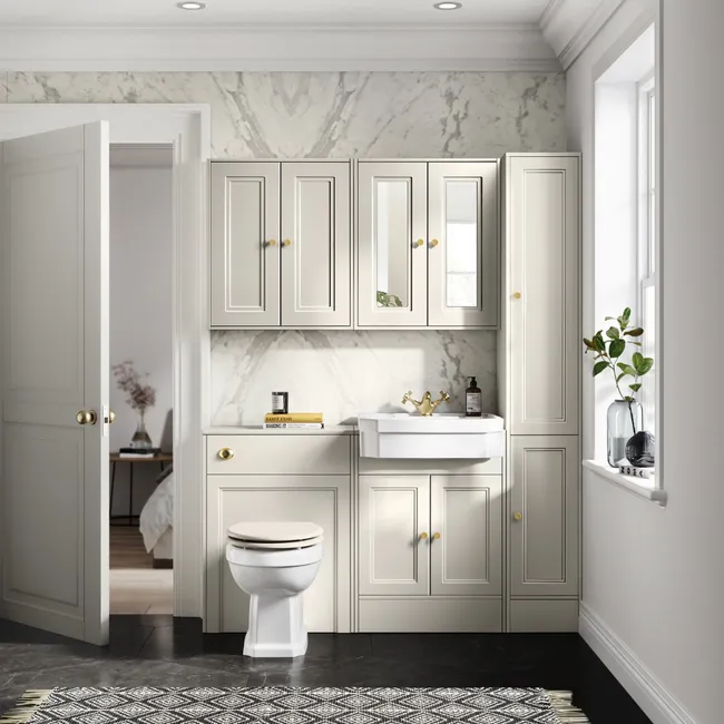Monaco Chalk White Combination Vanity Traditional Basin and Hudson Toilet with Wooden Seat 1200mm - Brushed Brass Accents