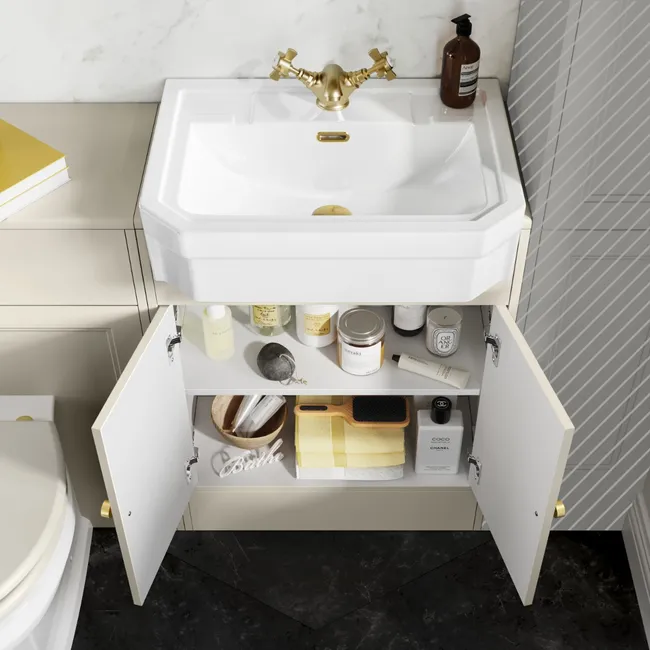 Monaco Chalk White Combination Vanity Traditional Basin and Hudson Toilet with Wooden Seat 1200mm - Brushed Brass Accents