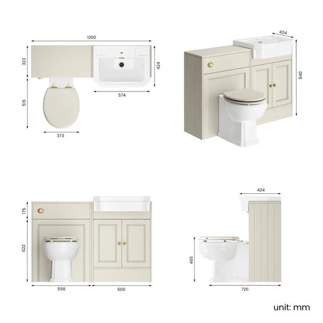 Monaco Chalk White Combination Vanity Traditional Basin and Hudson Toilet with Wooden Seat 1200mm - Brushed Brass Accents