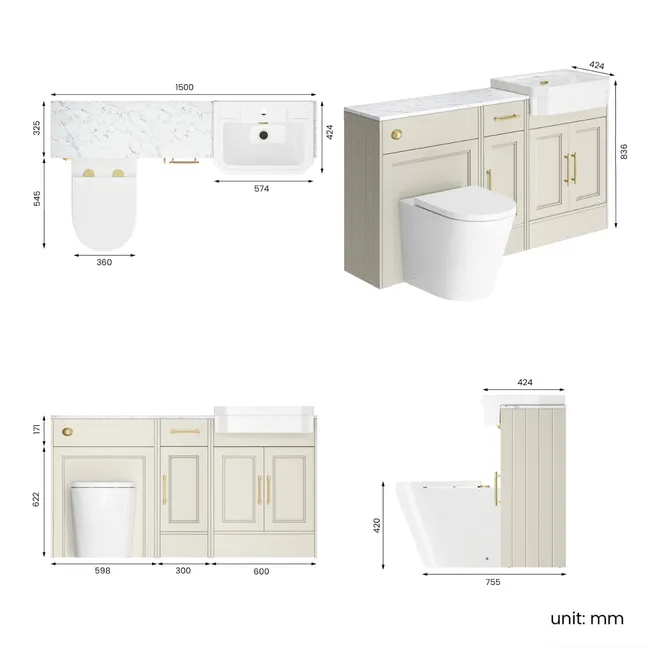 Monaco Chalk White Combination Vanity Traditional Basin with Marble Top and Boston Toilet 1500mm - Brass Knurled Handles