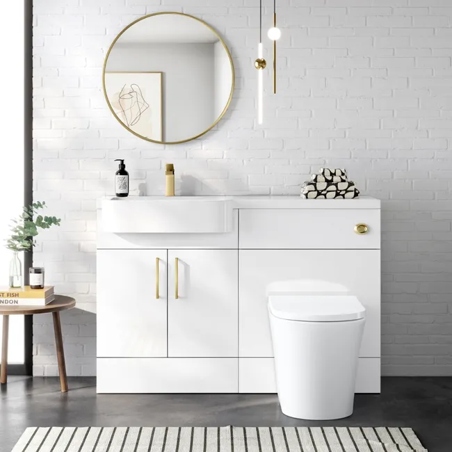 Harper Gloss White Combination Vanity Basin and Tucson Toilet 1200mm - Brushed Brass Accents - Left Handed