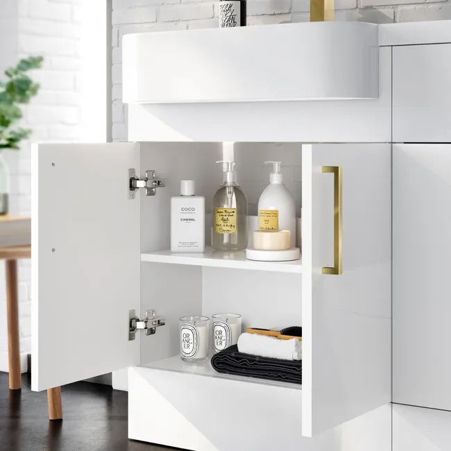 Harper Gloss White Combination Vanity Basin and Tucson Toilet 1200mm - Brushed Brass Accents - Left Handed