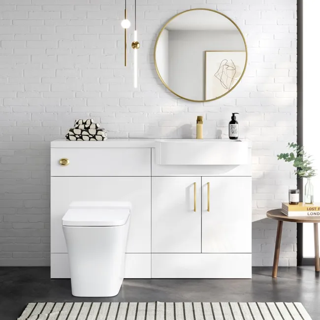 Harper Gloss White Combination Vanity Basin and Houston Toilet 1200mm - Brushed Brass Accents - Right Handed