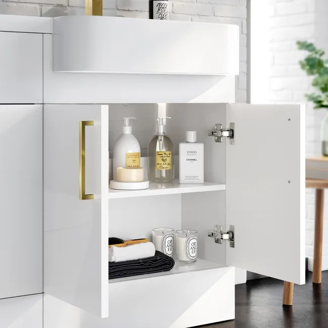 Harper Gloss White Combination Vanity Basin and Houston Toilet 1200mm - Brushed Brass Accents - Right Handed