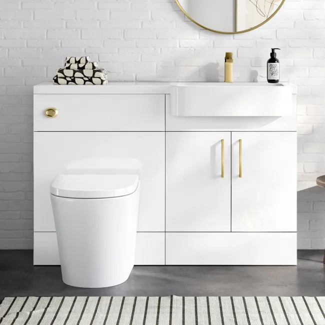 Harper Gloss White Combination Vanity Basin and Boston Toilet 1200mm - Brushed Brass Accents - Right Handed