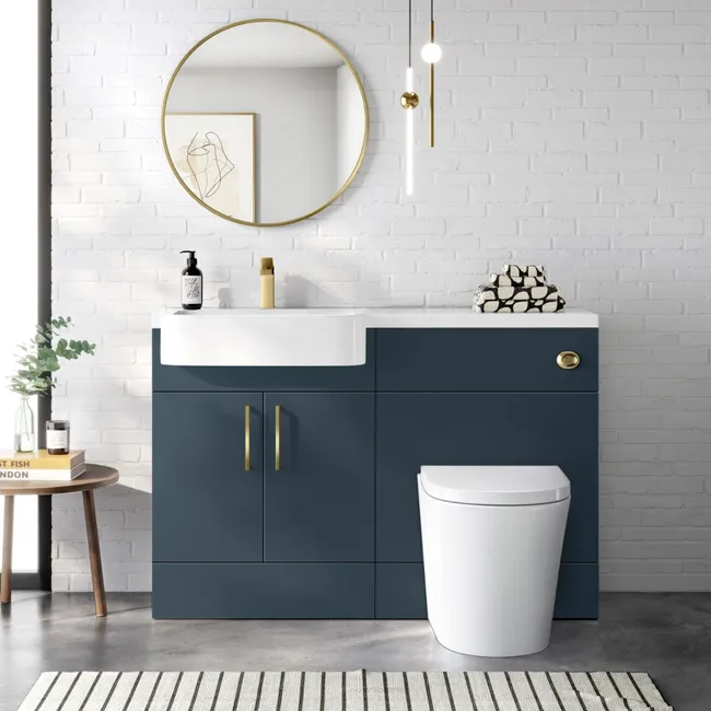 Harper Navy Blue Combination Vanity Basin and Boston Toilet 1200mm - Brushed Brass Accents - Left Handed