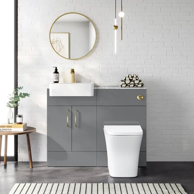 Harper Stone Grey Combination Vanity Basin with Marble Top & Houston Toilet 1000mm -Brushed Brass Accents