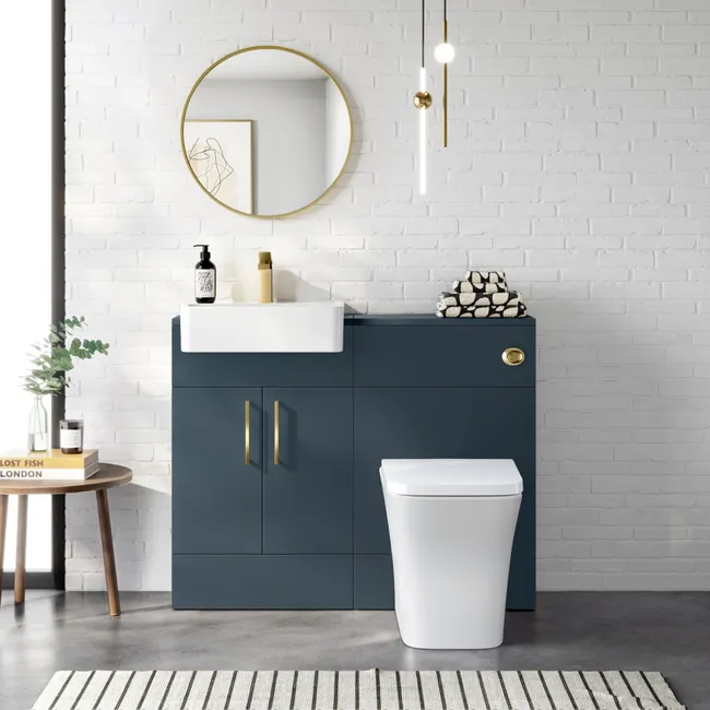 Harper Navy Blue Combination Vanity Basin & Houston Toilet 1000mm - Brushed Brass Accents