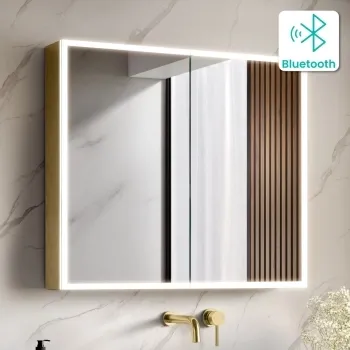 Margot Brushed Brass Illuminated LED Mirror Cabinet With BLUETOOTH Speaker & USB Port 700x800mm