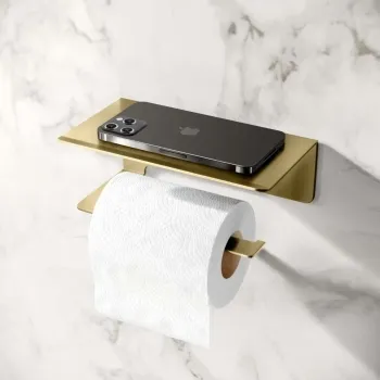 Remi Easy Fix Brushed Brass Toilet Roll Holder with Shelf