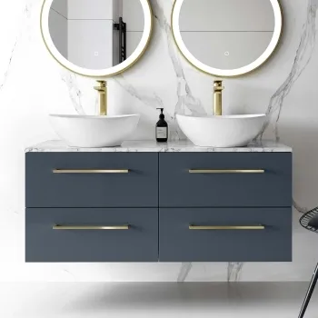 Elba Inky Blue Double Wall Hung Drawer Vanity with Marble Top & Oval Basin 1200mm - Brushed Brass Accents