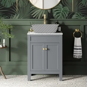 Bermuda Dove Grey Cabinet with Marble Top 600mm Excludes Counter Top Basin - Brushed Brass Accents