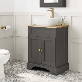 Lucia Graphite Grey Vanity with Oak Effect Top & Curved Counter Top Basin 640mm - Brushed Brass Accents