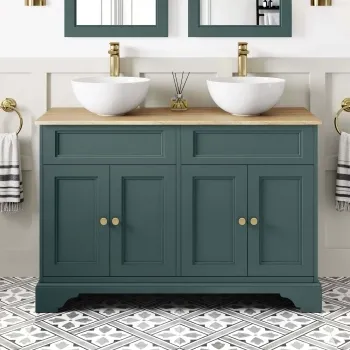 Lucia Midnight Green Double Vanity with Oak Effect Top & Round Counter Top Basin 1200mm - Brushed Brass Accents