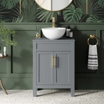 Bermuda Dove Grey Vanity with Round Counter Top Basin 600mm - Brass Knurled Handles