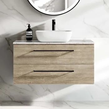 Elba Dawn Oak Wall Hung Drawer Vanity with Marble Top & Curved Counter Top Basin 1000mm - Black Accents