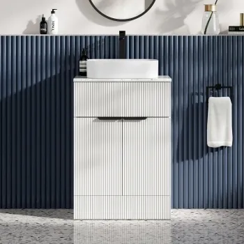 Havana Fluted Coastal White Cabinet with Marble Top & Marin Basin 600mm - Black Accents
