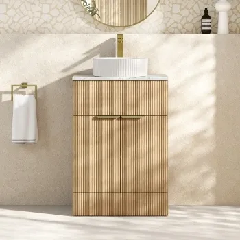 Havana Fluted Country Oak Cabinet with Marble Top & Nevis Basin 600mm - Brushed Brass Accents