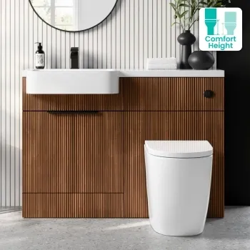 Sicily Fluted Black Walnut Combination Vanity Basin and Utah Comfort Height Toilet 1200mm - Black Accents - Left Handed