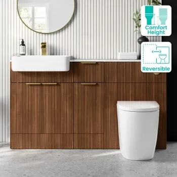 Sicily Fluted Black Walnut Combination Vanity Basin with Marble Top & Utah Comfort Height Toilet 1500mm - Brushed Brass Accents