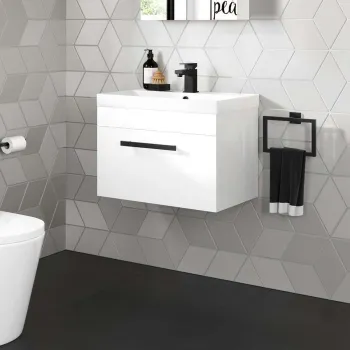 Avon Gloss White Wall Hung Basin Drawer Vanity 600mm - Black Accents