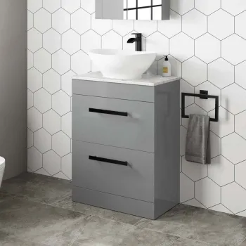 Avon Stone Grey Vanity Drawer with Marble Top & Oval Counter Top Basin 600mm - Black Accents