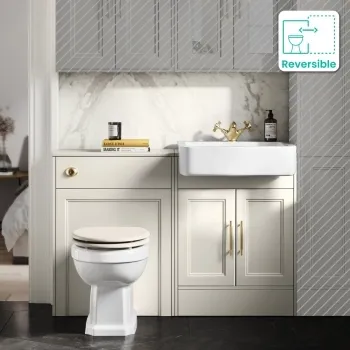 Monaco Chalk White Combination Vanity Basin and Hudson Toilet with Wooden Seat 1200mm - Brass Knurled Handles