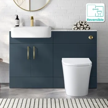Harper Navy Blue Combination Vanity Basin with Marble Top & Tucson Toilet 1200mm - Brushed Brass Accents