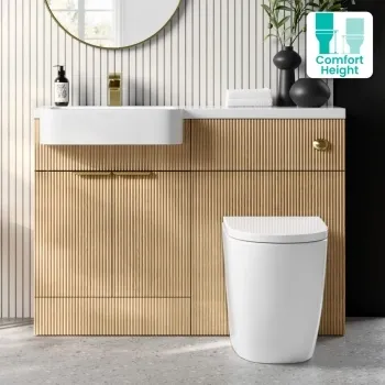 Sicily Fluted Country Oak Combination Vanity Basin and Utah Comfort Height Toilet 1200mm - Brushed Brass Accents - Left Handed