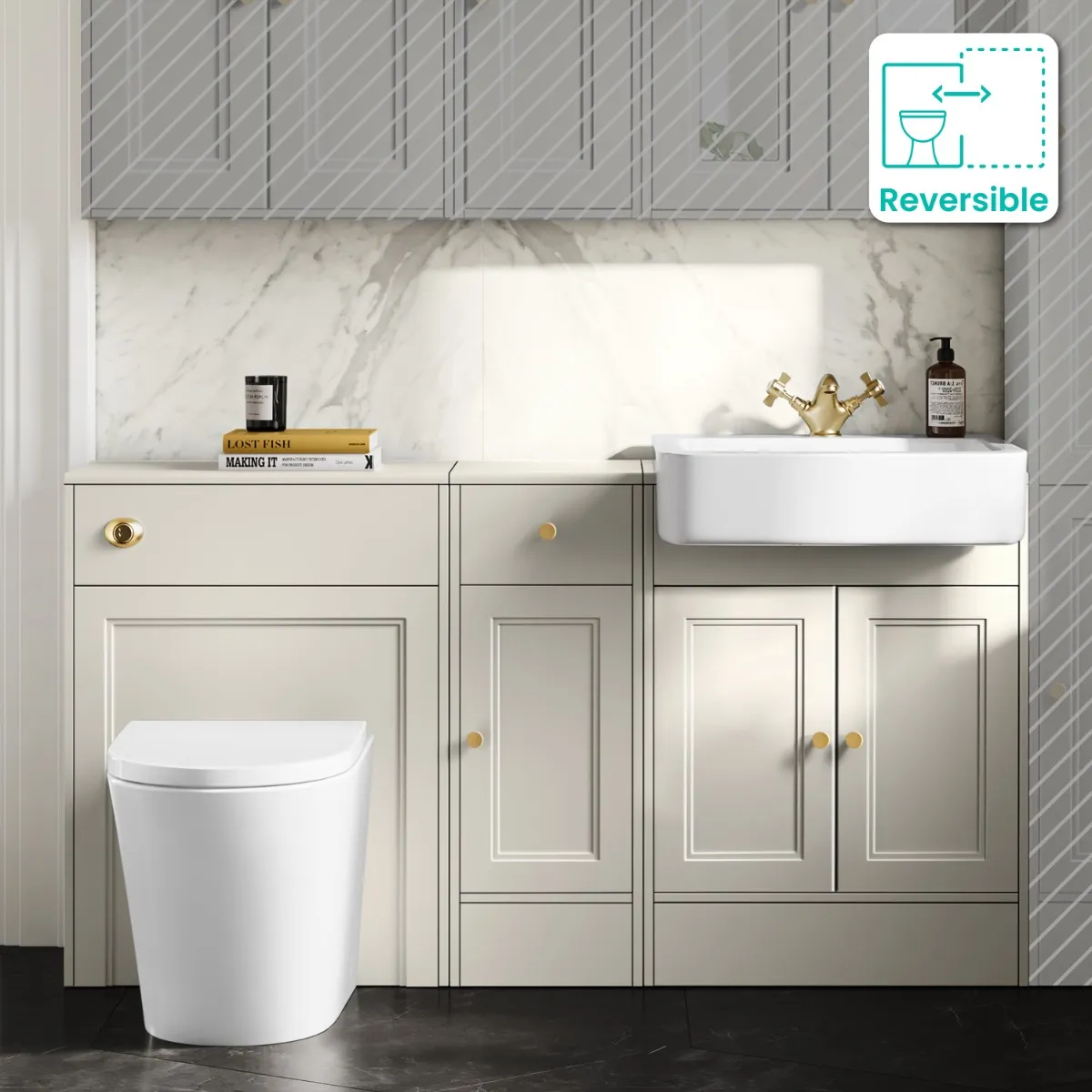 Monaco Chalk White Combination Vanity Basin and Boston Toilet 1500mm - Brushed Brass Accents