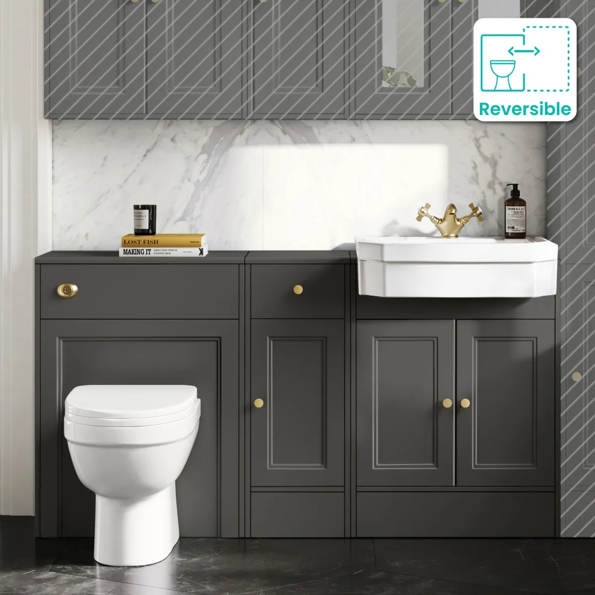 Monaco Graphite Grey Combination Vanity Traditional Basin and Seattle Toilet 1500mm - Brushed Brass Accents