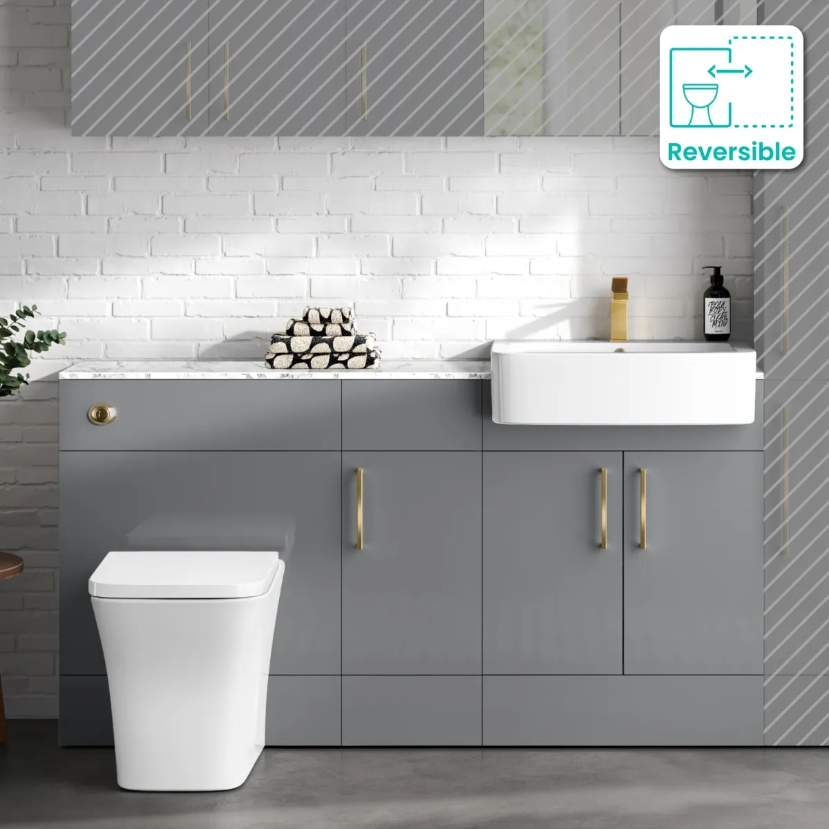 Harper Stone Grey Combination Vanity Basin with Marble Top & Houston Toilet 1500mm - Brushed Brass Accents